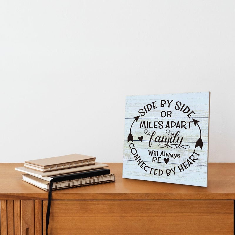 SUSZDOU Family Sign, “Side by Side or Miles Apart, Family Will Always Be Connected by Heart”, Wooden Plaque Table Art Sign 6.2x6.2 Inch, Farmhouse Room Decor, Long Distance Gift for Loved Ones F - Image 4